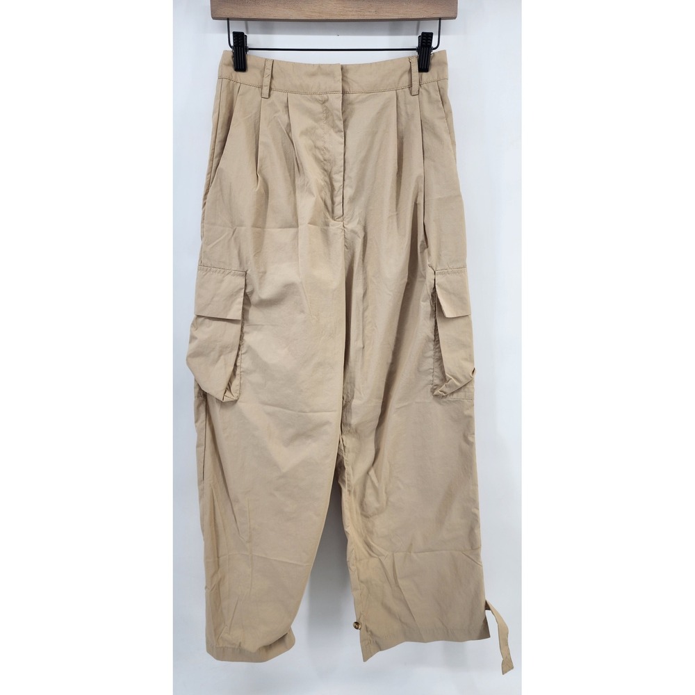 Klesis Tan Pleated Cargo Pants High Waisted Nylon Relaxed Fit Size S